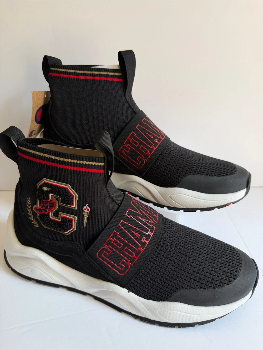 Champion Black Slip-On Knit Sneakers with Red and Gold Trim NWT 10.5
